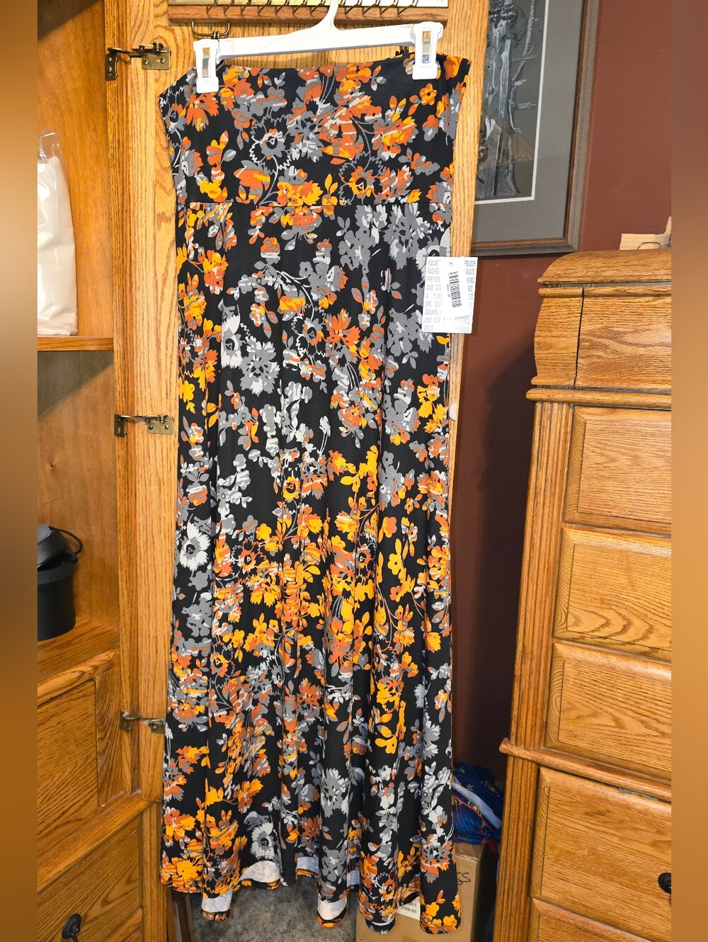 LuLaRoe Black Maxi Skirt with Orange & Gray Floral Print
